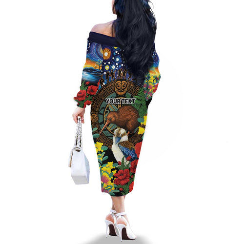 Kiwi-Kookaburra Bird ANZAC Personalised Family Matching Off The Shoulder Long Sleeve Dress and Hawaiian Shirt Aussie Golden Wattle Poppy Flowers