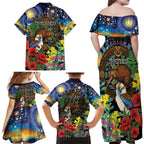 Kiwi-Kookaburra Bird ANZAC Personalised Family Matching Off Shoulder Maxi Dress and Hawaiian Shirt Aussie Golden Wattle Poppy Flowers