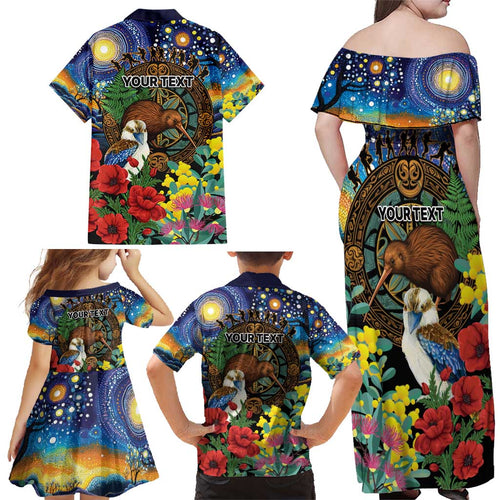 Kiwi-Kookaburra Bird ANZAC Personalised Family Matching Off Shoulder Maxi Dress and Hawaiian Shirt Aussie Golden Wattle Poppy Flowers