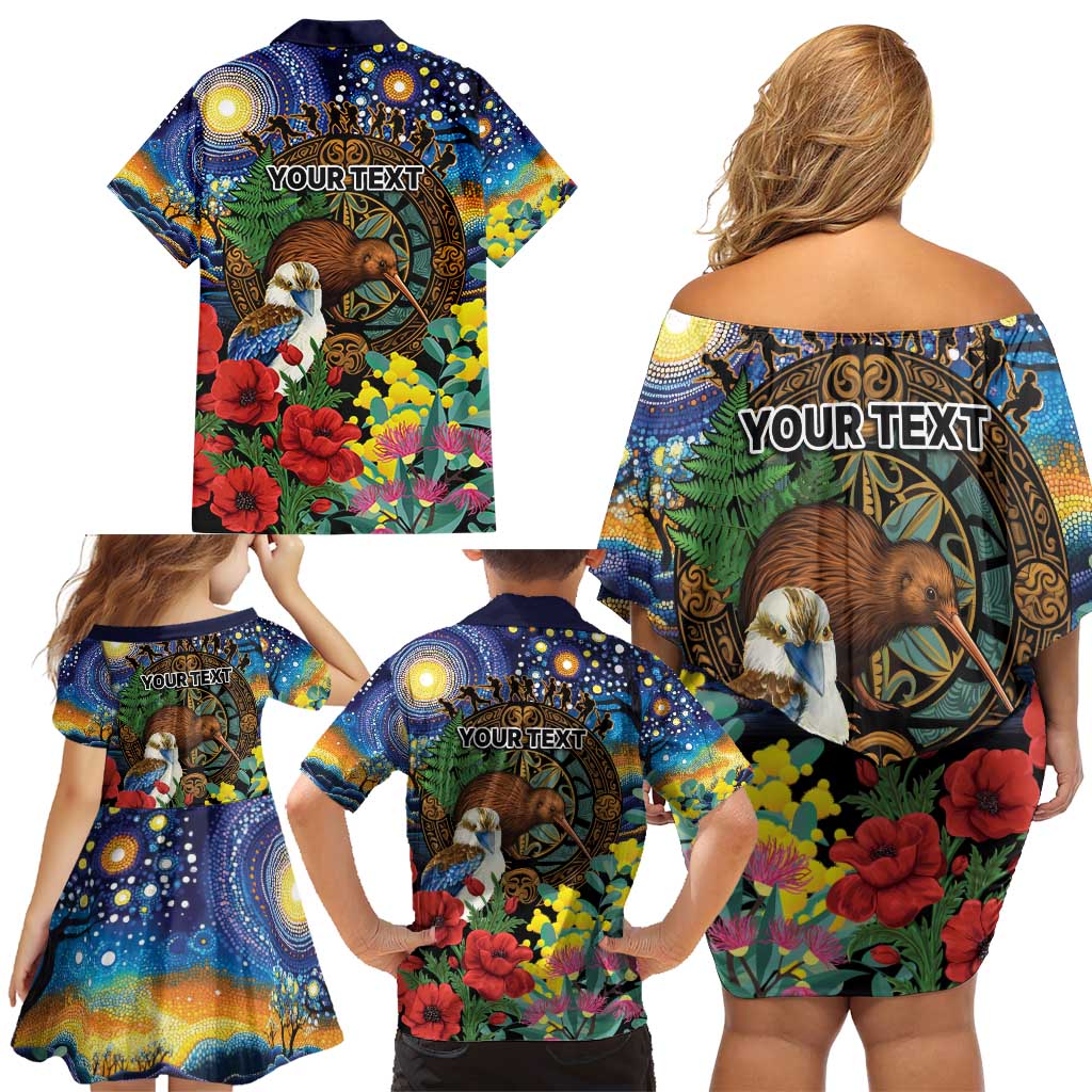 Kiwi-Kookaburra Bird ANZAC Personalised Family Matching Off Shoulder Short Dress and Hawaiian Shirt Aussie Golden Wattle Poppy Flowers