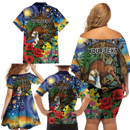 Kiwi-Kookaburra Bird ANZAC Personalised Family Matching Off Shoulder Short Dress and Hawaiian Shirt Aussie Golden Wattle Poppy Flowers
