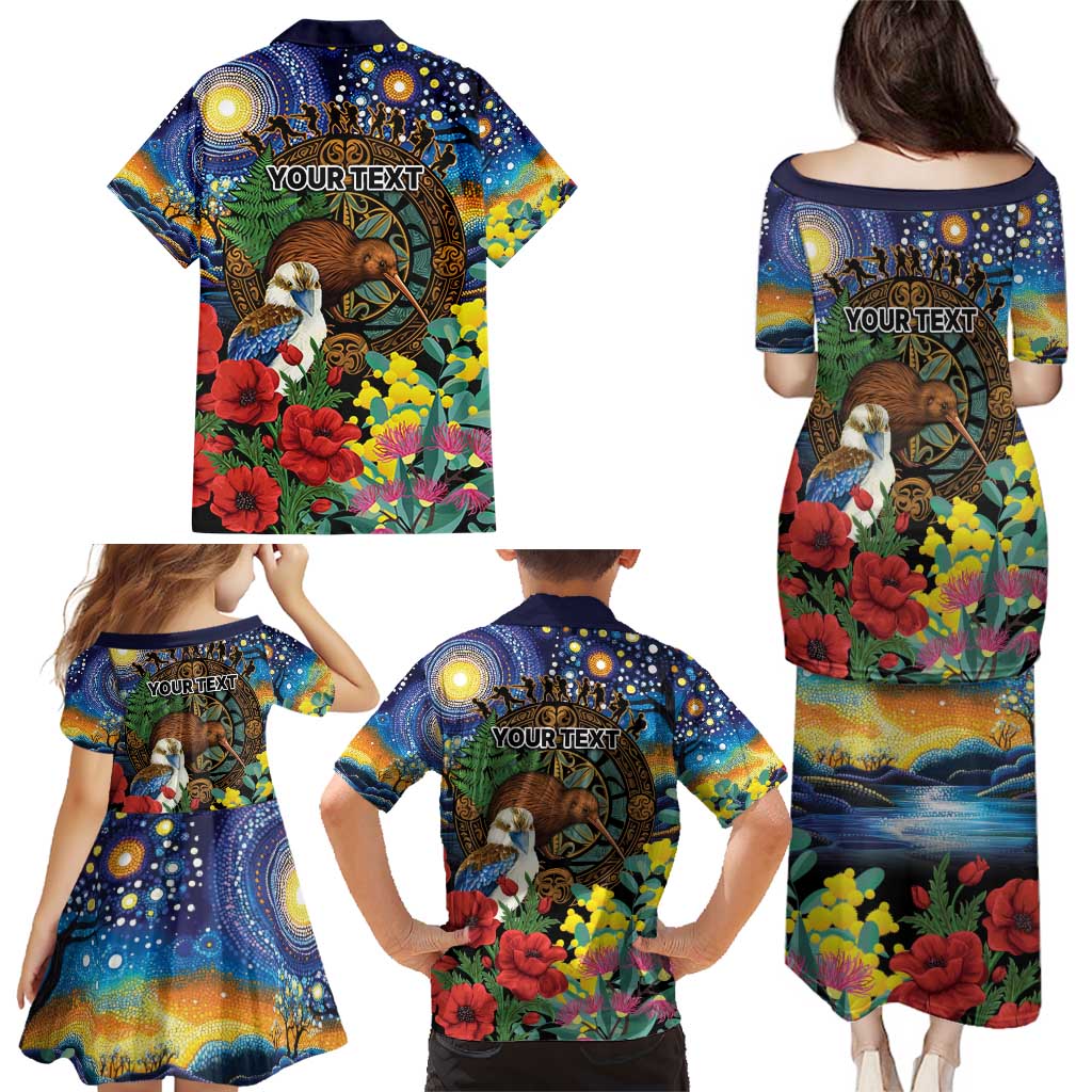 Kiwi-Kookaburra Bird ANZAC Personalised Family Matching Puletasi and Hawaiian Shirt Aussie Golden Wattle Poppy Flowers