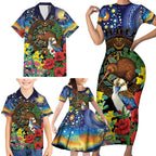 Kiwi-Kookaburra Bird ANZAC Personalised Family Matching Short Sleeve Bodycon Dress and Hawaiian Shirt Aussie Golden Wattle Poppy Flowers