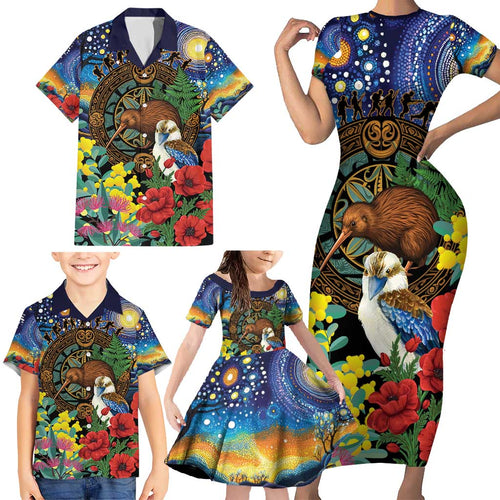 Kiwi-Kookaburra Bird ANZAC Personalised Family Matching Short Sleeve Bodycon Dress and Hawaiian Shirt Aussie Golden Wattle Poppy Flowers