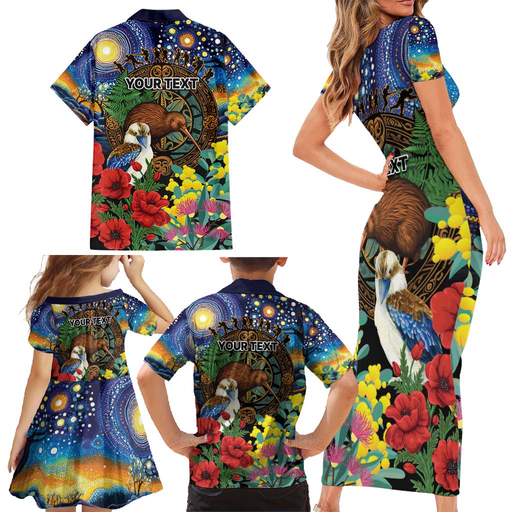 Kiwi-Kookaburra Bird ANZAC Personalised Family Matching Short Sleeve Bodycon Dress and Hawaiian Shirt Aussie Golden Wattle Poppy Flowers
