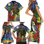 Kiwi-Kookaburra Bird ANZAC Personalised Family Matching Short Sleeve Bodycon Dress and Hawaiian Shirt Aussie Golden Wattle Poppy Flowers
