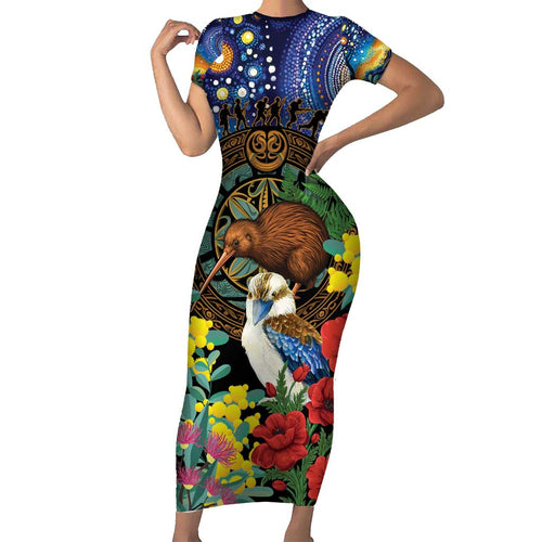 Kiwi-Kookaburra Bird ANZAC Personalised Family Matching Short Sleeve Bodycon Dress and Hawaiian Shirt Aussie Golden Wattle Poppy Flowers