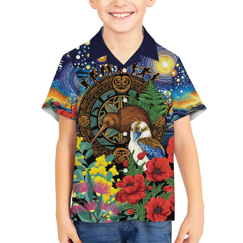 Kiwi-Kookaburra Bird ANZAC Personalised Family Matching Short Sleeve Bodycon Dress and Hawaiian Shirt Aussie Golden Wattle Poppy Flowers