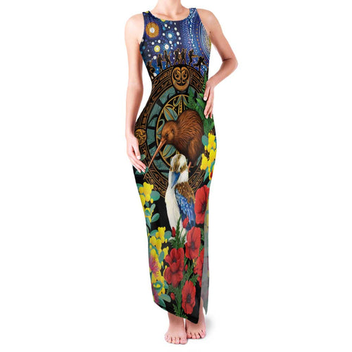 Kiwi-Kookaburra Bird ANZAC Personalised Family Matching Tank Maxi Dress and Hawaiian Shirt Aussie Golden Wattle Poppy Flowers