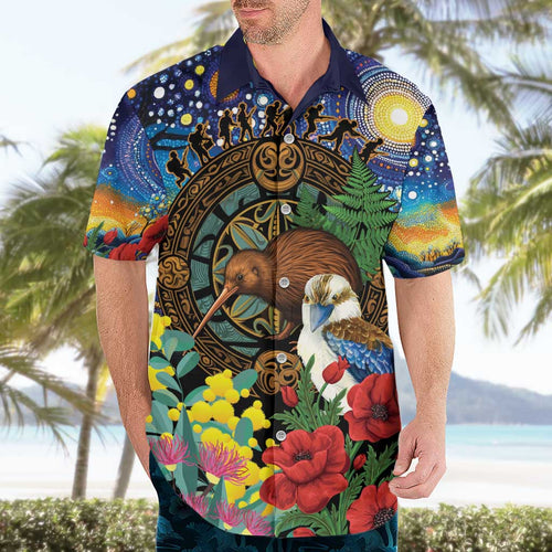Kiwi-Kookaburra Bird ANZAC Personalised Hawaiian Shirt Aussie Golden Wattle Poppy Flowers