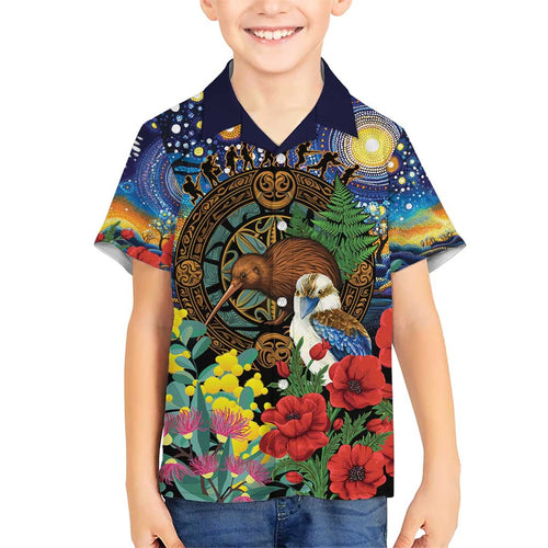 Kiwi-Kookaburra Bird ANZAC Personalised Kid Hawaiian Shirt Aussie Golden Wattle Poppy Flowers