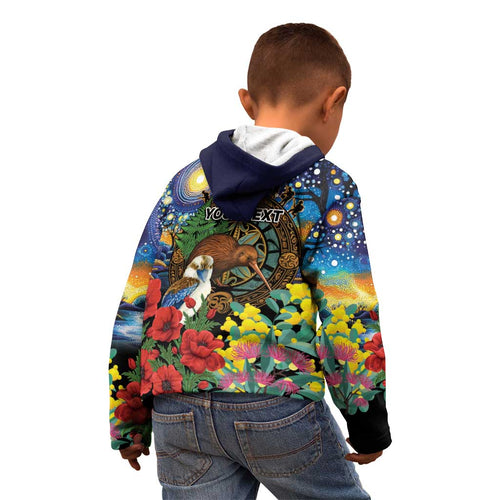 Kiwi-Kookaburra Bird ANZAC Personalised Kid Hoodie Aussie Golden Wattle Poppy Flowers