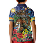 Kiwi-Kookaburra Bird ANZAC Personalised Kid Polo Shirt Aussie Golden Wattle Poppy Flowers
