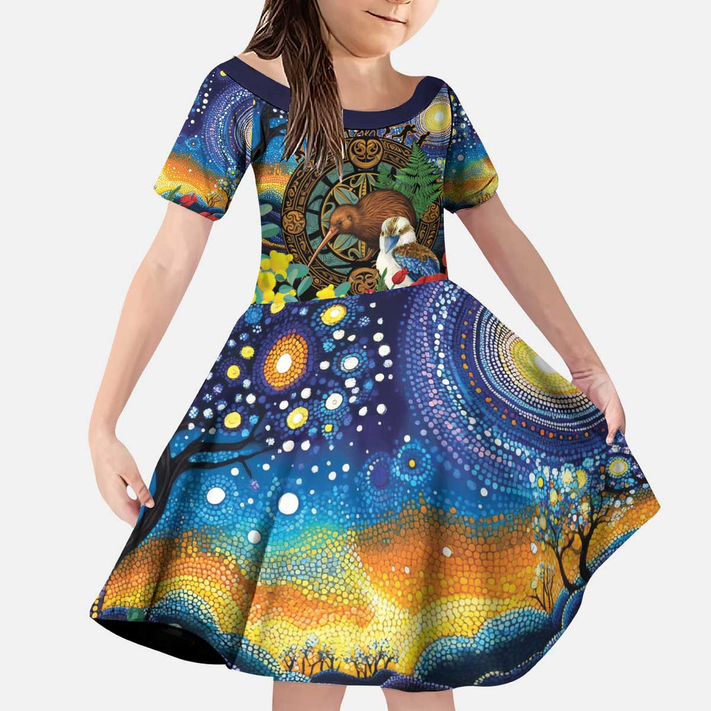 Kiwi-Kookaburra Bird ANZAC Personalised Kid Short Sleeve Dress Aussie Golden Wattle Poppy Flowers