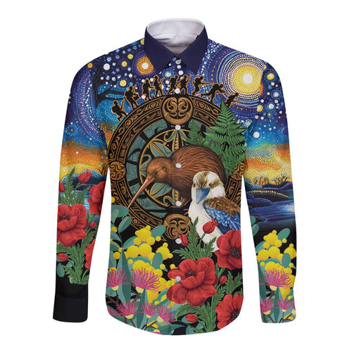 Kiwi-Kookaburra Bird ANZAC Personalised Long Sleeve Button Shirt Aussie Golden Wattle Poppy Flowers