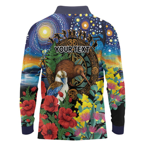 Kiwi-Kookaburra Bird ANZAC Personalised Long Sleeve Polo Shirt Aussie Golden Wattle Poppy Flowers