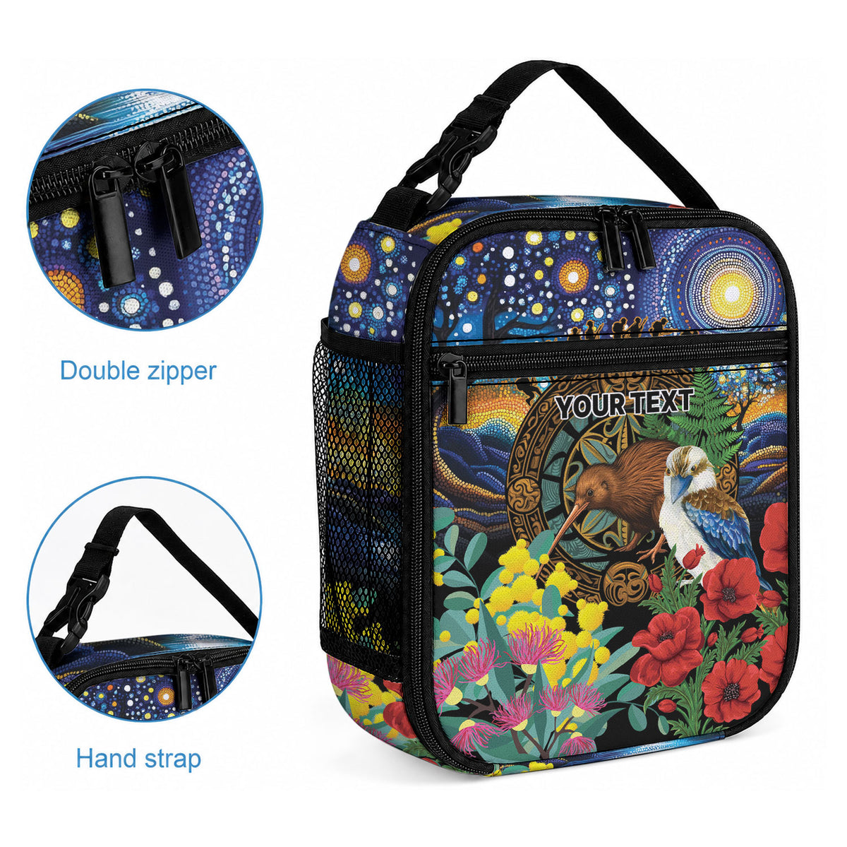Kiwi-Kookaburra Bird ANZAC Personalised Lunch Bag Aussie Golden Wattle Poppy Flowers