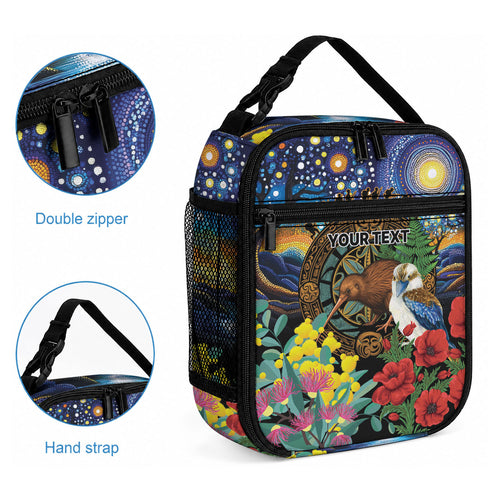Kiwi-Kookaburra Bird ANZAC Personalised Lunch Bag Aussie Golden Wattle Poppy Flowers