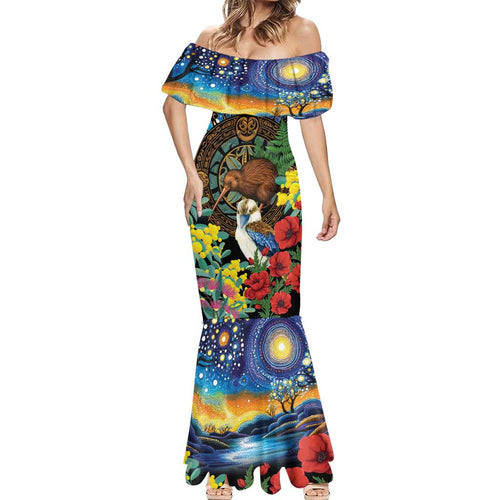 Kiwi-Kookaburra Bird ANZAC Personalised Mermaid Dress Aussie Golden Wattle Poppy Flowers