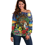 Kiwi-Kookaburra Bird ANZAC Personalised Off Shoulder Sweater Aussie Golden Wattle Poppy Flowers