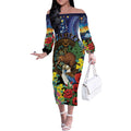 Kiwi-Kookaburra Bird ANZAC Personalised Off The Shoulder Long Sleeve Dress Aussie Golden Wattle Poppy Flowers