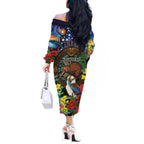 Kiwi-Kookaburra Bird ANZAC Personalised Off The Shoulder Long Sleeve Dress Aussie Golden Wattle Poppy Flowers
