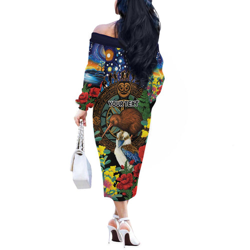 Kiwi-Kookaburra Bird ANZAC Personalised Off The Shoulder Long Sleeve Dress Aussie Golden Wattle Poppy Flowers