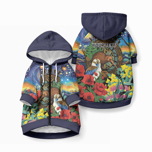 Kiwi-Kookaburra Bird ANZAC Personalised Pet Hoodie Aussie Golden Wattle Poppy Flowers