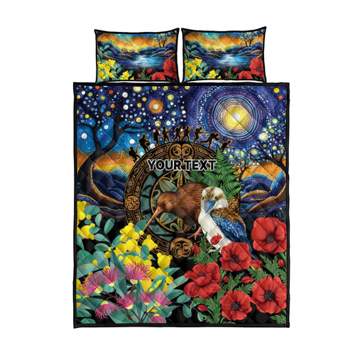 Kiwi-Kookaburra Bird ANZAC Personalised Quilt Bed Set Aussie Golden Wattle Poppy Flowers