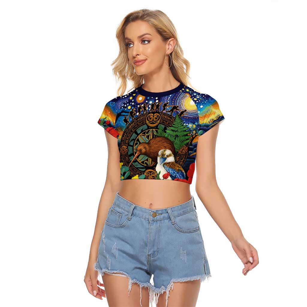 Kiwi-Kookaburra Bird ANZAC Personalised Raglan Cropped T Shirt Aussie Golden Wattle Poppy Flowers