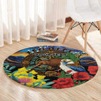 Kiwi-Kookaburra Bird ANZAC Personalised Round Carpet Aussie Golden Wattle Poppy Flowers
