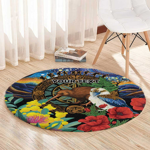 Kiwi-Kookaburra Bird ANZAC Personalised Round Carpet Aussie Golden Wattle Poppy Flowers