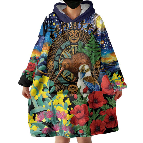 Kiwi-Kookaburra Bird ANZAC Personalised Wearable Blanket Hoodie Aussie Golden Wattle Poppy Flowers