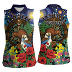 Kiwi-Kookaburra Bird ANZAC Personalised Women Sleeveless Polo Shirt Aussie Golden Wattle Poppy Flowers
