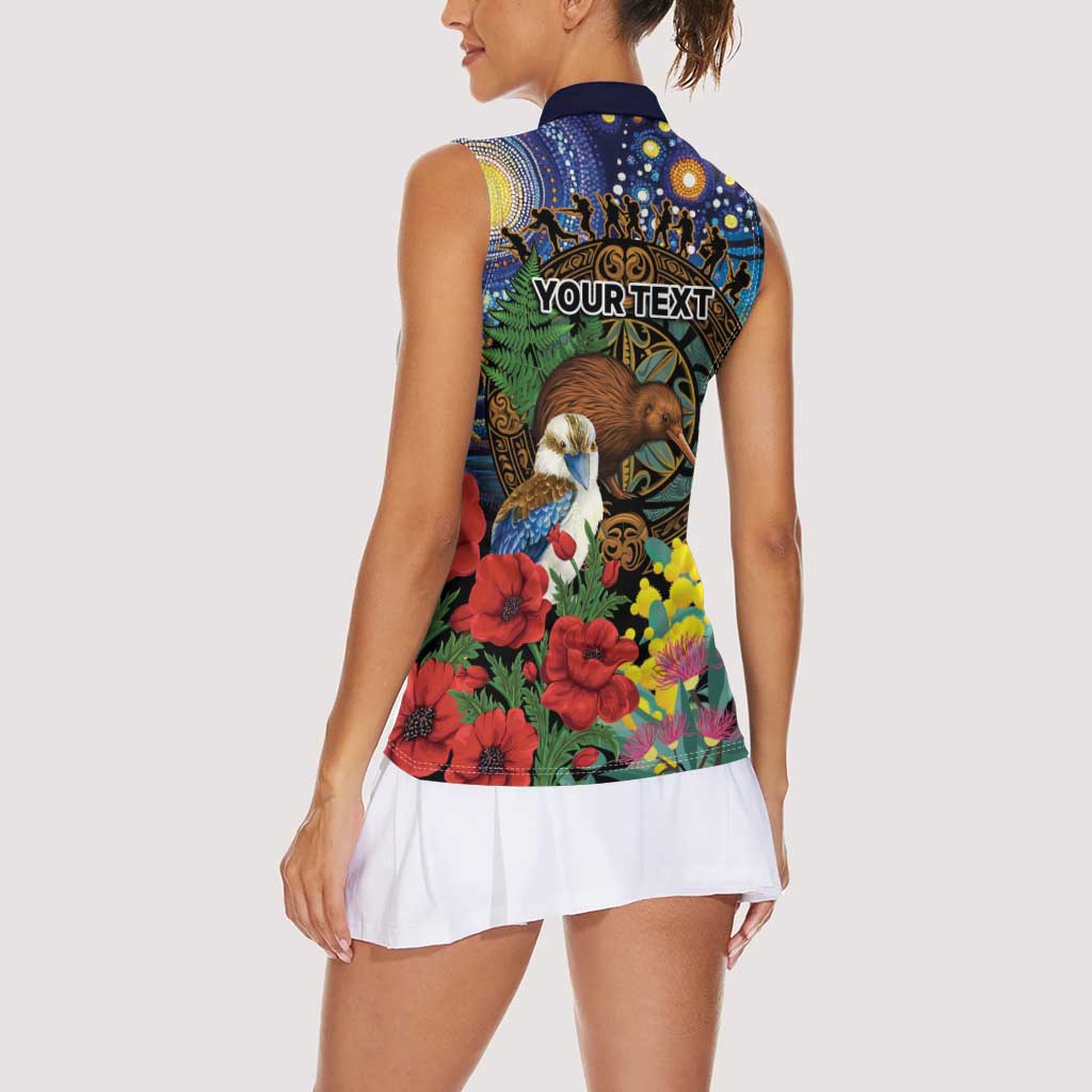 Kiwi-Kookaburra Bird ANZAC Personalised Women Sleeveless Polo Shirt Aussie Golden Wattle Poppy Flowers