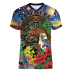 Kiwi-Kookaburra Bird ANZAC Personalised Women V-Neck T-Shirt Aussie Golden Wattle Poppy Flowers