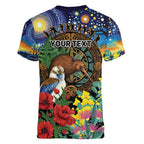 Kiwi-Kookaburra Bird ANZAC Personalised Women V-Neck T-Shirt Aussie Golden Wattle Poppy Flowers