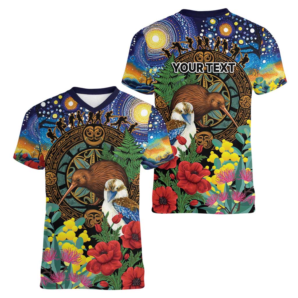 Kiwi-Kookaburra Bird ANZAC Personalised Women V-Neck T-Shirt Aussie Golden Wattle Poppy Flowers