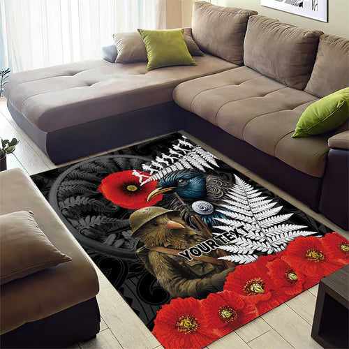 Kiwi-Tui Bird Soldier ANZAC Day Personalised Area Rug Maori Silver Fern Motif