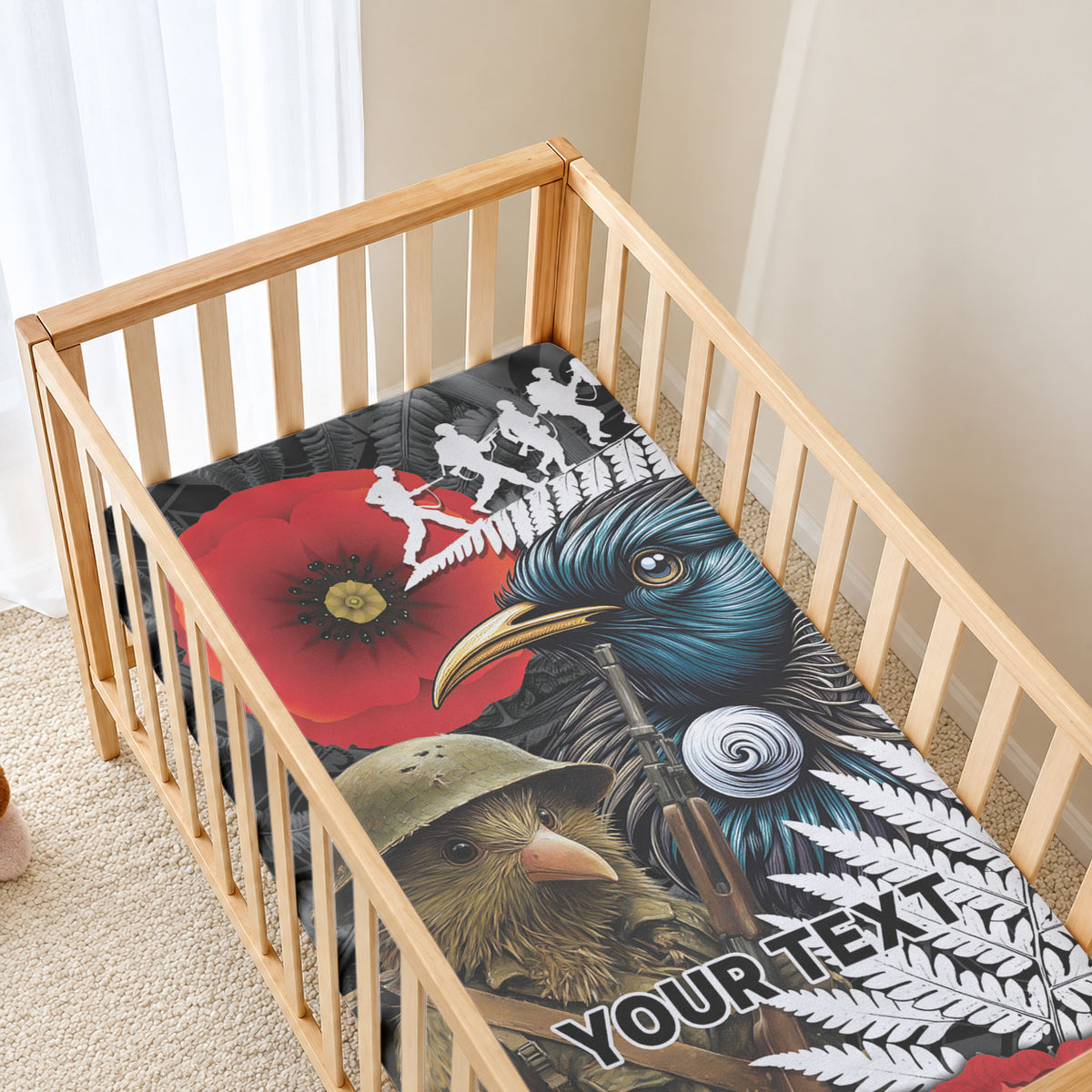 Kiwi-Tui Bird Soldier ANZAC Day Personalised Baby Bed Cover Maori Silver Fern Motif
