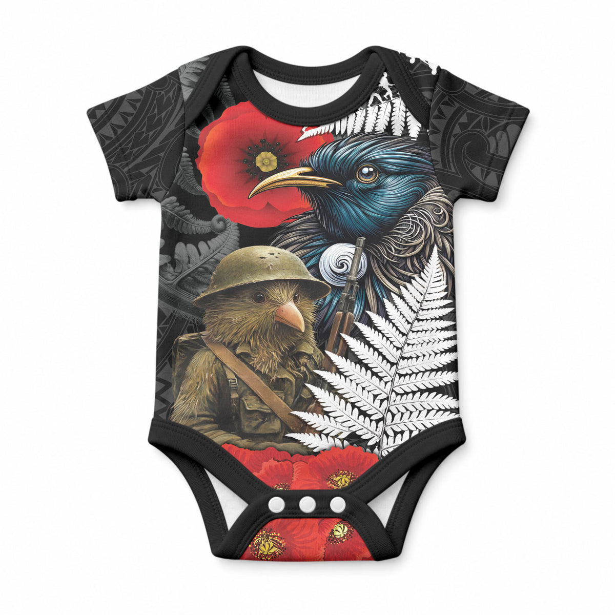 Kiwi-Tui Bird Soldier ANZAC Day Personalised Baby Onesie Maori Silver Fern Motif