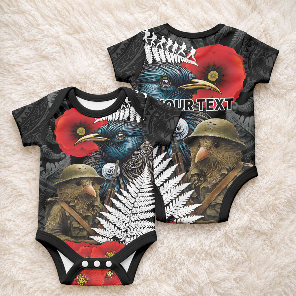 Kiwi-Tui Bird Soldier ANZAC Day Personalised Baby Onesie Maori Silver Fern Motif