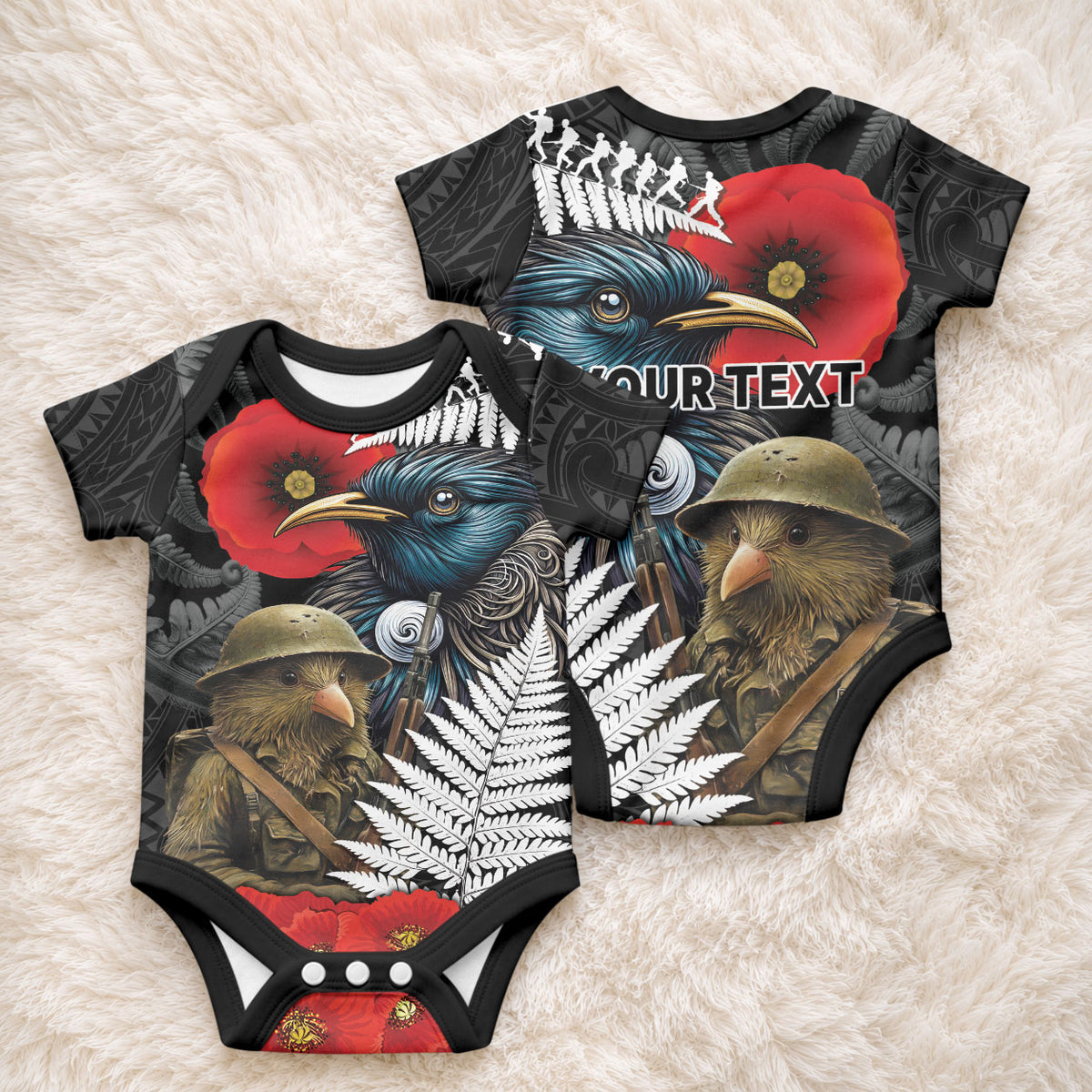 Kiwi-Tui Bird Soldier ANZAC Day Personalised Baby Onesie Maori Silver Fern Motif