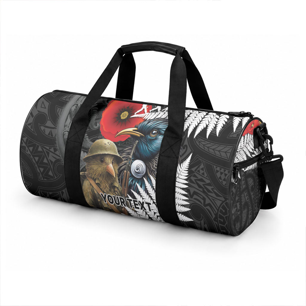 Kiwi-Tui Bird Soldier ANZAC Day Personalised Duffle Bag Maori Silver Fern Motif