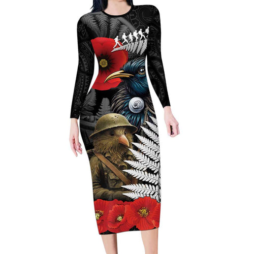 Kiwi-Tui Bird Soldier ANZAC Day Personalised Family Matching Long Sleeve Bodycon Dress and Hawaiian Shirt Maori Silver Fern Motif