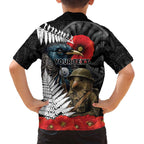 Kiwi-Tui Bird Soldier ANZAC Day Personalised Family Matching Off The Shoulder Long Sleeve Dress and Hawaiian Shirt Maori Silver Fern Motif