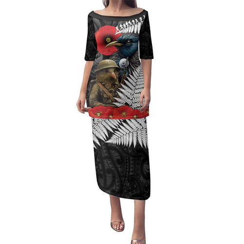 Kiwi-Tui Bird Soldier ANZAC Day Personalised Family Matching Puletasi and Hawaiian Shirt Maori Silver Fern Motif