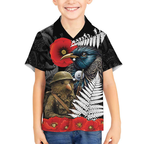 Kiwi-Tui Bird Soldier ANZAC Day Personalised Family Matching Puletasi and Hawaiian Shirt Maori Silver Fern Motif