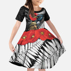 Kiwi-Tui Bird Soldier ANZAC Day Personalised Kid Short Sleeve Dress Maori Silver Fern Motif