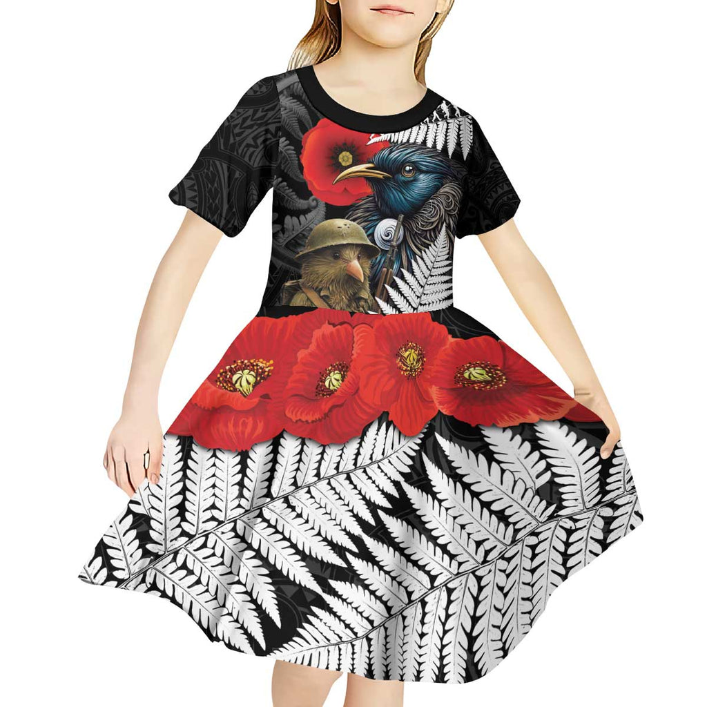 Kiwi-Tui Bird Soldier ANZAC Day Personalised Kid Short Sleeve Dress Maori Silver Fern Motif